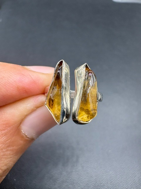 Natural Polished Raw Rough Citrine 2 Stone Ring in Sterling Silver