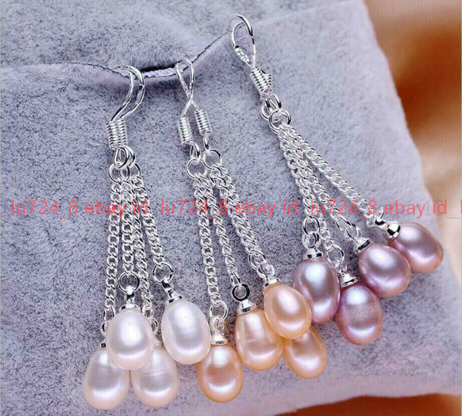 3 Pairs Natural White Pink Purple Freshwater Pearl Dangle Silver Hook Earrings