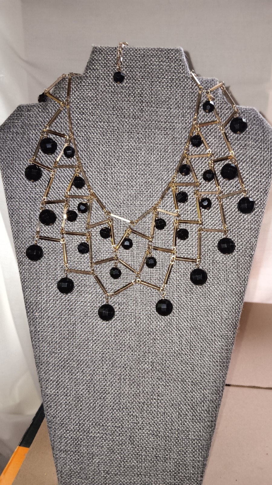 Statement Bib Choker Style Necklace Geometric Black Plastic Gold Tone Metal 14″