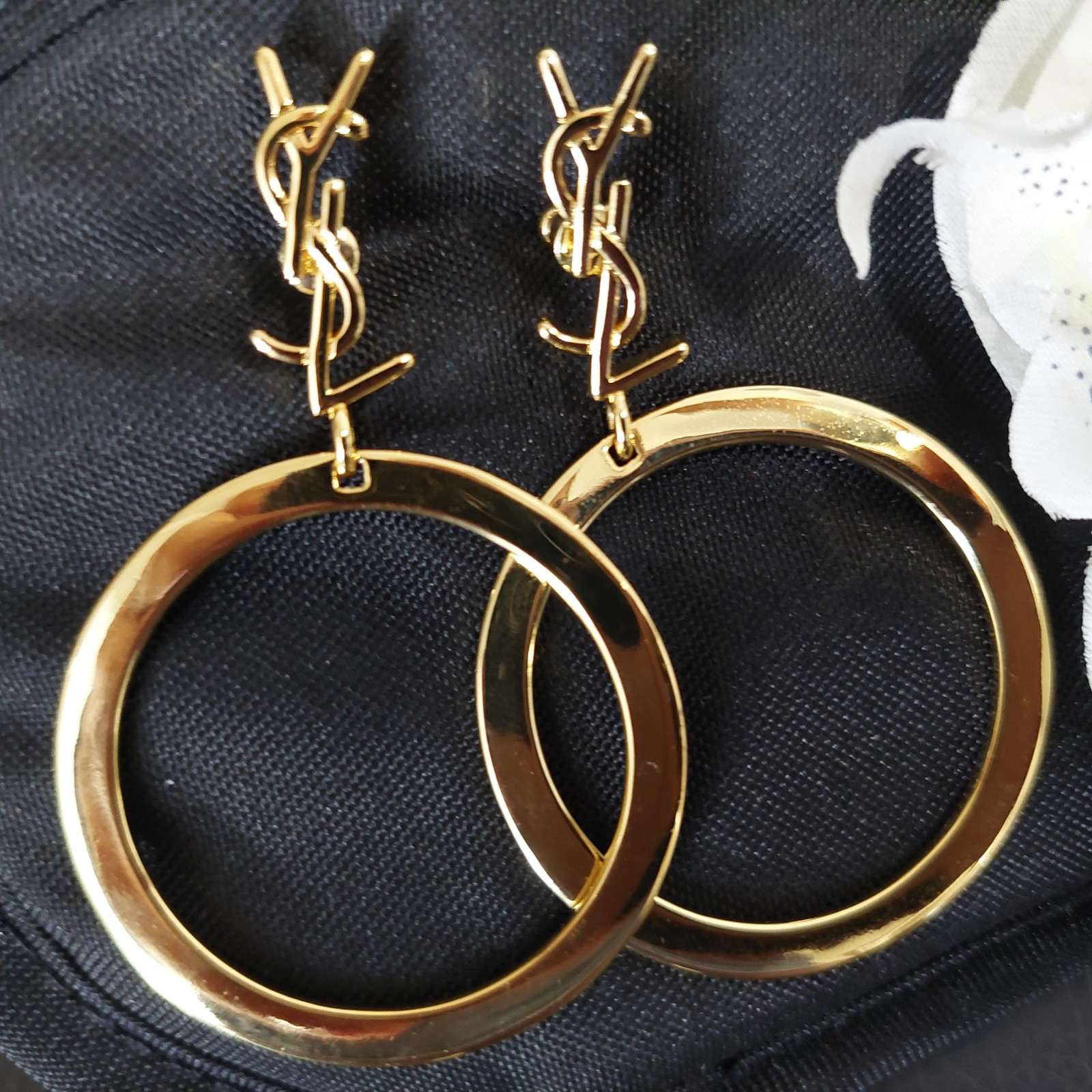 Auth. YVES SAINT LAURENT YSL LOGO Large Dangle HOOP EARRINGS Gold Tone
