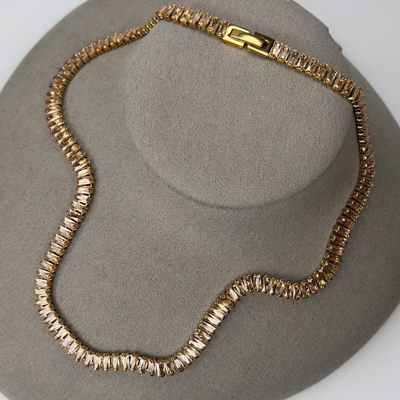 Gold Baguette Tennis Necklace Champagne Crystal Stainless Steel Choker Necklace