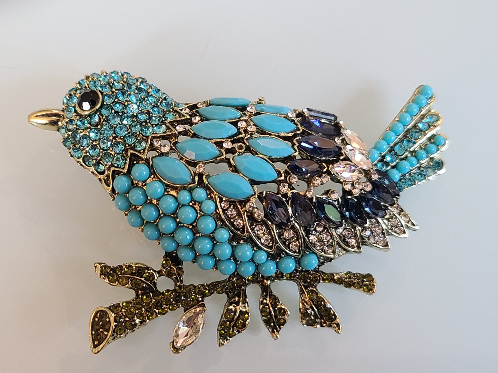 FAB HUGE 3.75″ New UNSIGNED I DESIGNER MARQUISE RHINESTONE BLUE BIRD PIN