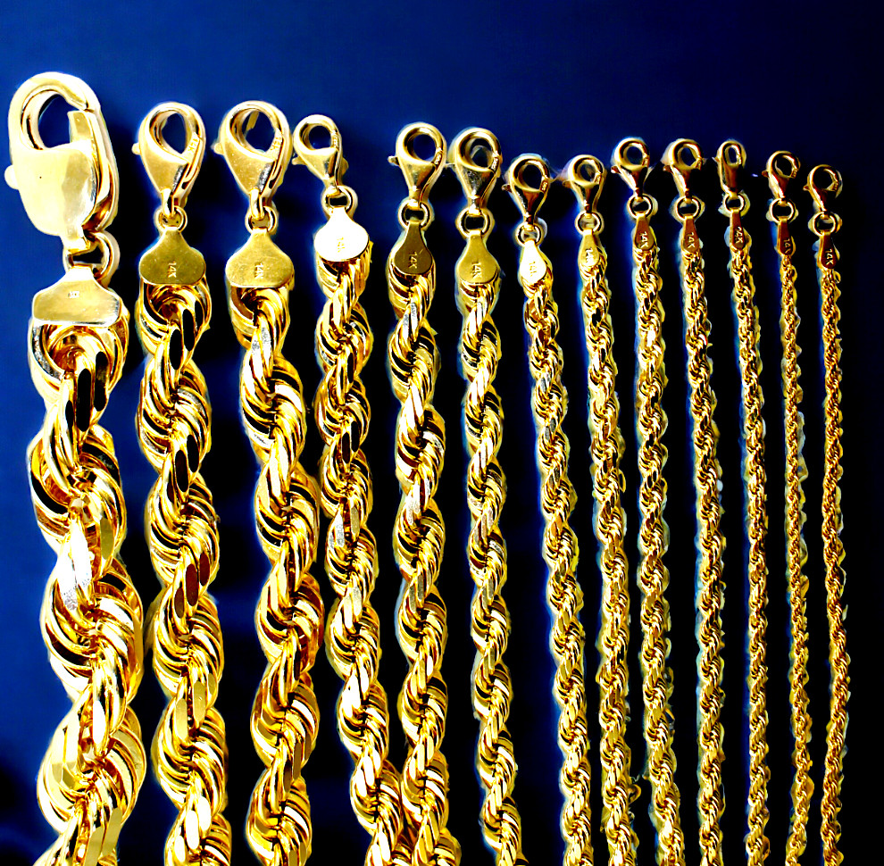 14K Yellow Gold Solid Rope Chain Necklace Diamond Cut Real Gold 1mm-12mm 16″-30″
