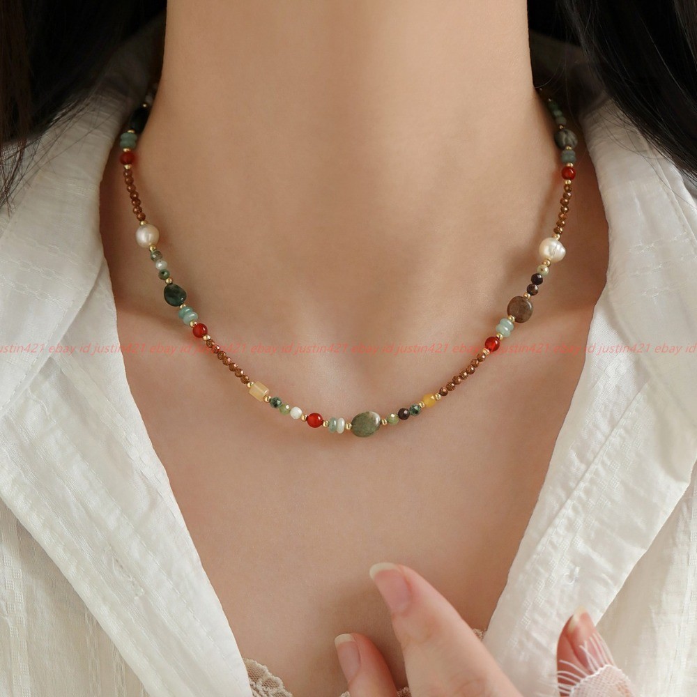 Multicolor Natural Stone Rice Freshwater Pearl Gemstone Beads Necklace 39cm+5cm