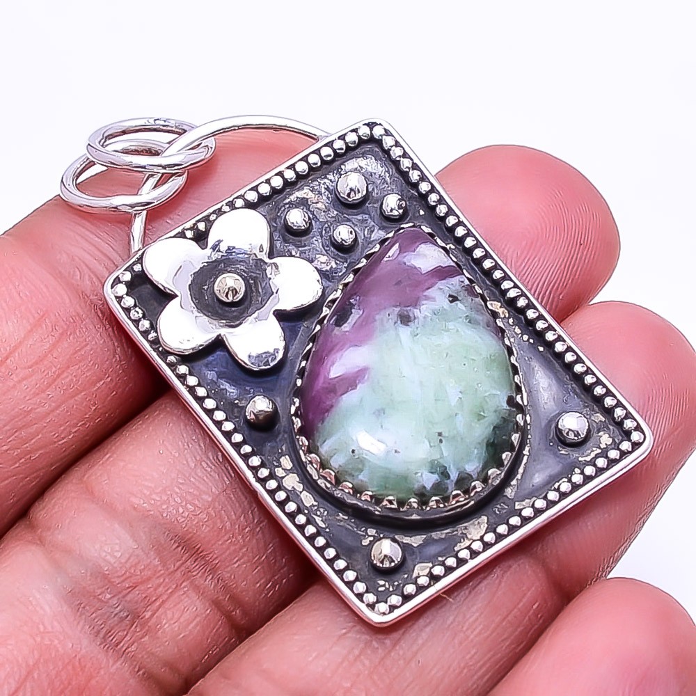 Ruby With Zoisite – Tanzania Oxidised 925 Silver Pendant 1.76″ P17
