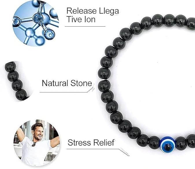 Pulsera Ojo Turco Protección Energía Cuentas Negras 6mm Para Adulto Regalo