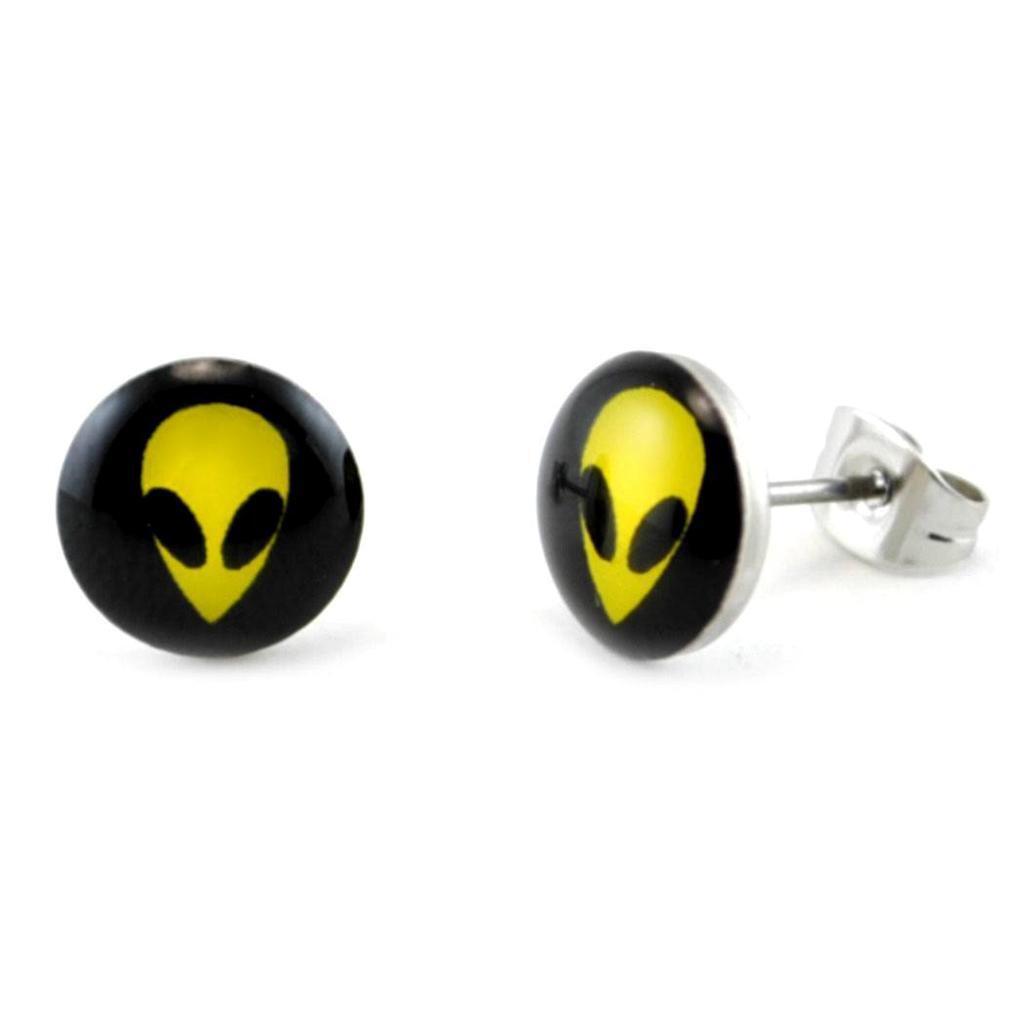 STAINLESS STEEL POST EARRINGS ALIEN FACE 10mm UFO Roswell Yellow Black Pair Stud