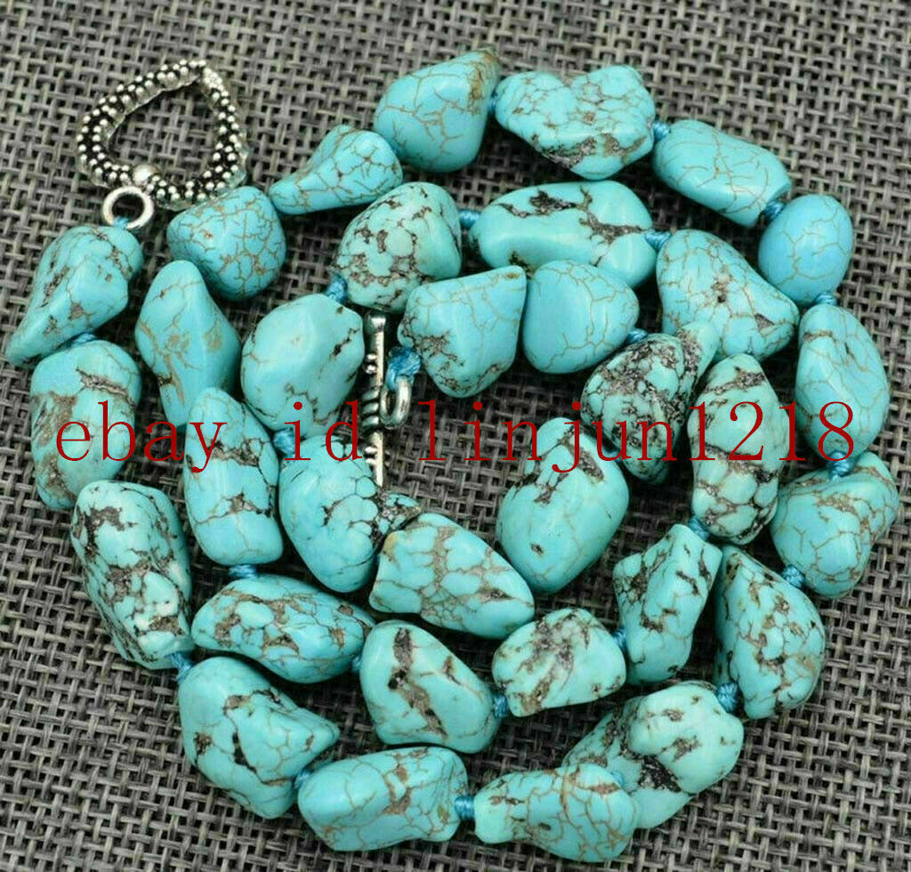 Natural 10-12mm Blue Turquoise Gemstone Chunk Beads Necklace Tibetan Silver 18″