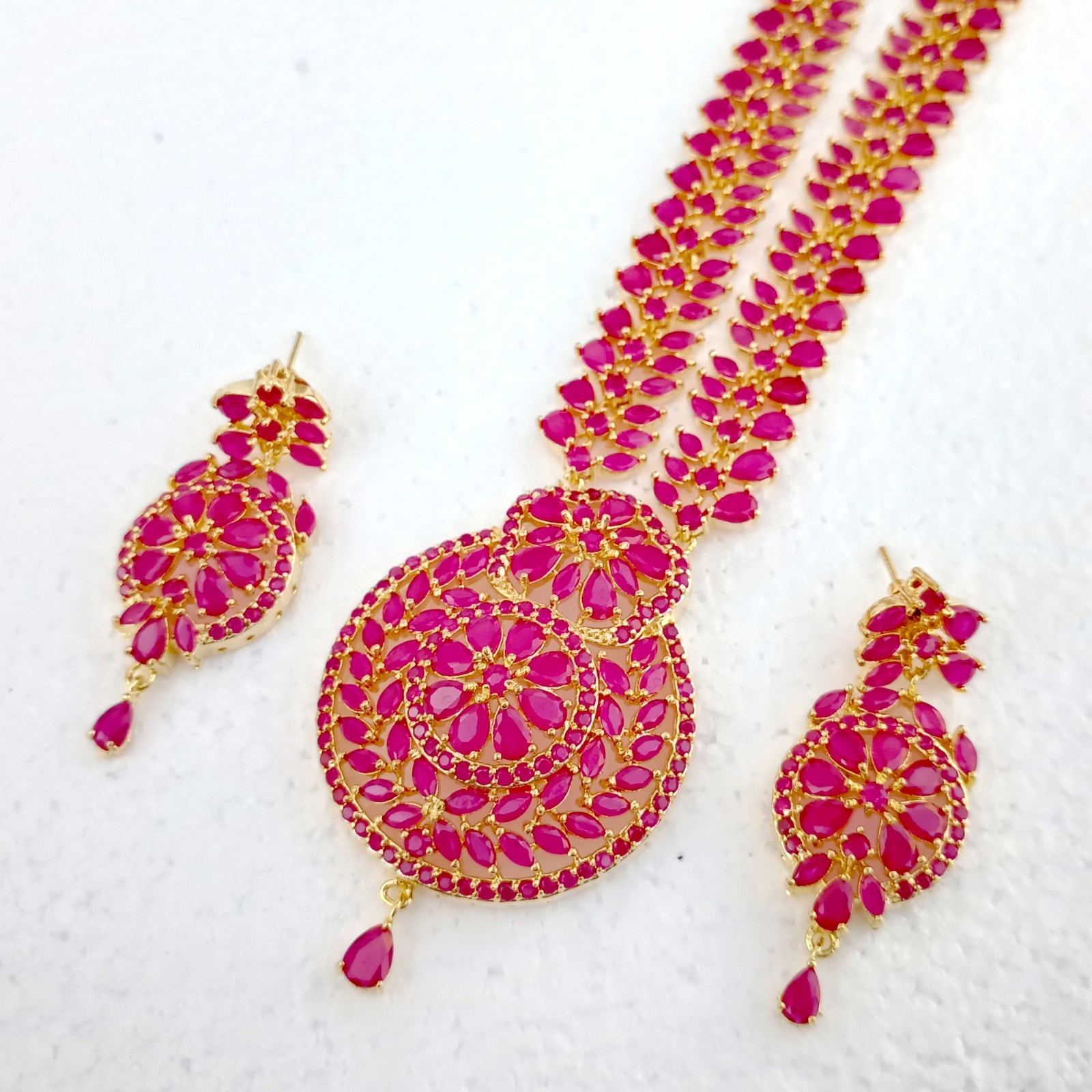 Long Ruby Necklace Set 22K Gold Plated July Birthstone Jewelry Anniversary Gift