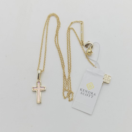 New Kendra Scott Cross Gold Pendant Necklace in Pink Dichroic Glass