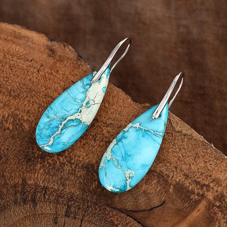 Natural Blue Sea Sediment Jasper Drop Earrings Teardrop Silver Hook Handmade