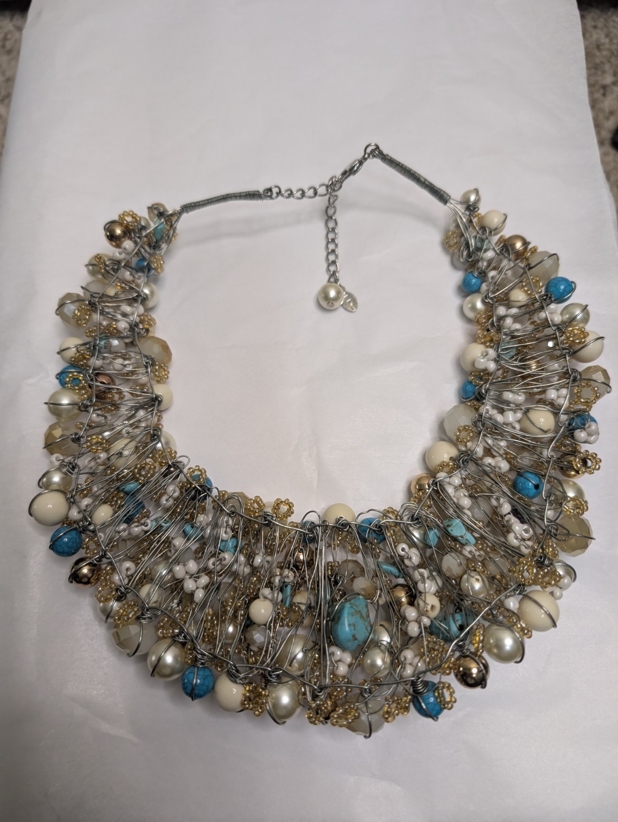 ALDO Multicolor Statement Bib Beaded Necklace Faux Pearl & Turquoise Adjustable