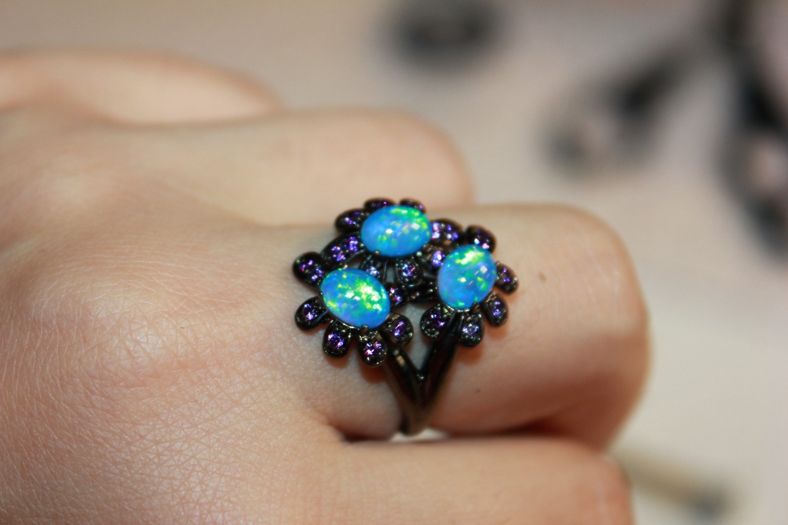 fire opal Amethyst ring gems black gold filled jewelry 6 6.5 8.5 cocktail band