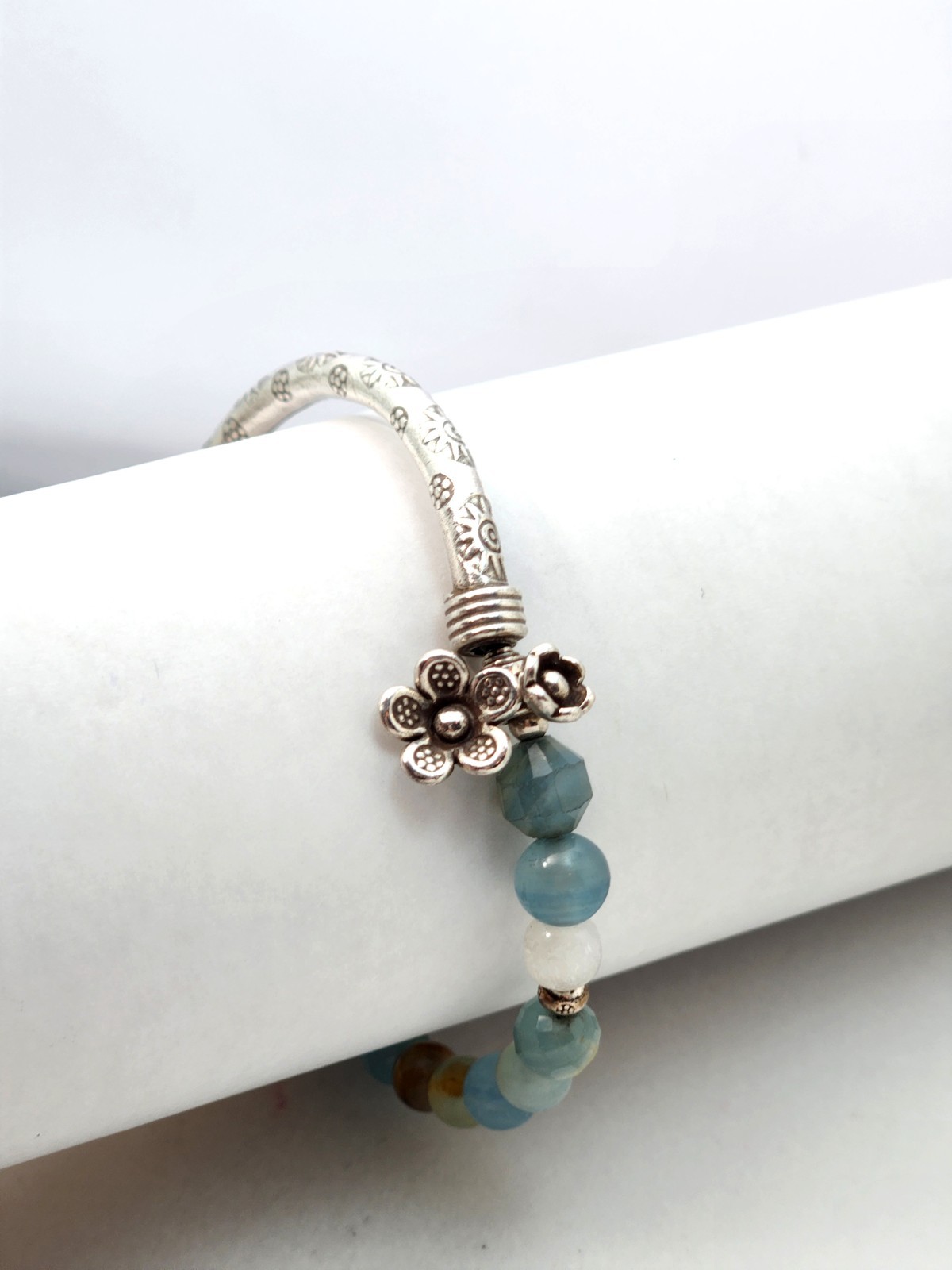 Sterling Silver Bar Stone Bead Bracelet Blue Brown Bangle Stretch Flower Sun 925