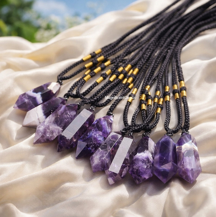 High Quality Chevron Amethyst Stone Pendant Necklace Purple Crystal Jewelry