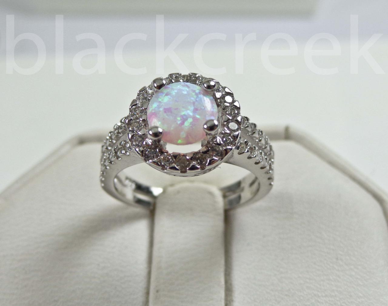 925 Sterling Silver Round White Fire Opal Micro Pave Ring size 4/5/6/7/8/9/10