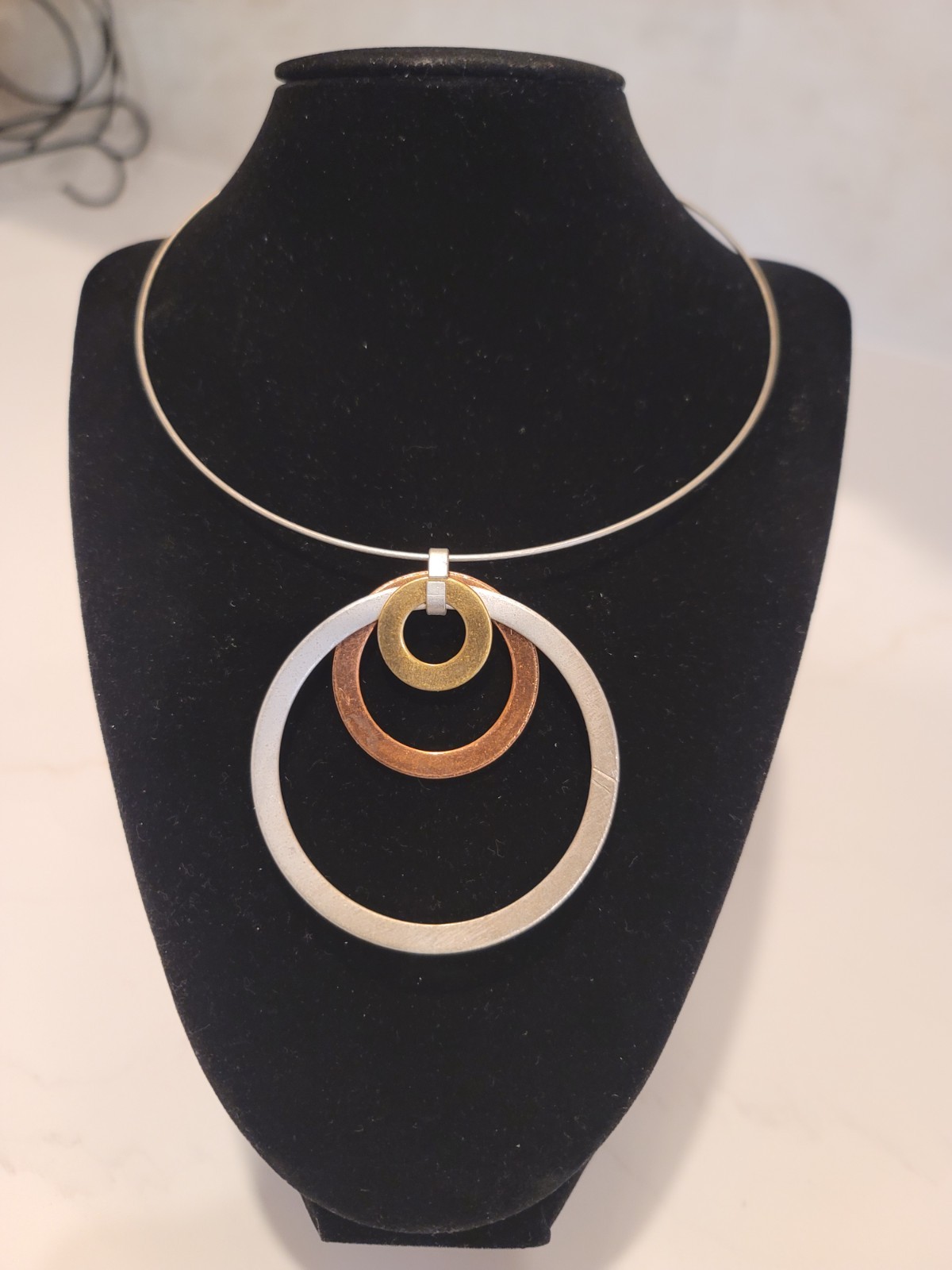 Mixed Metal Geometric Circle Pendant Necklace Silver Gold Copper Tone