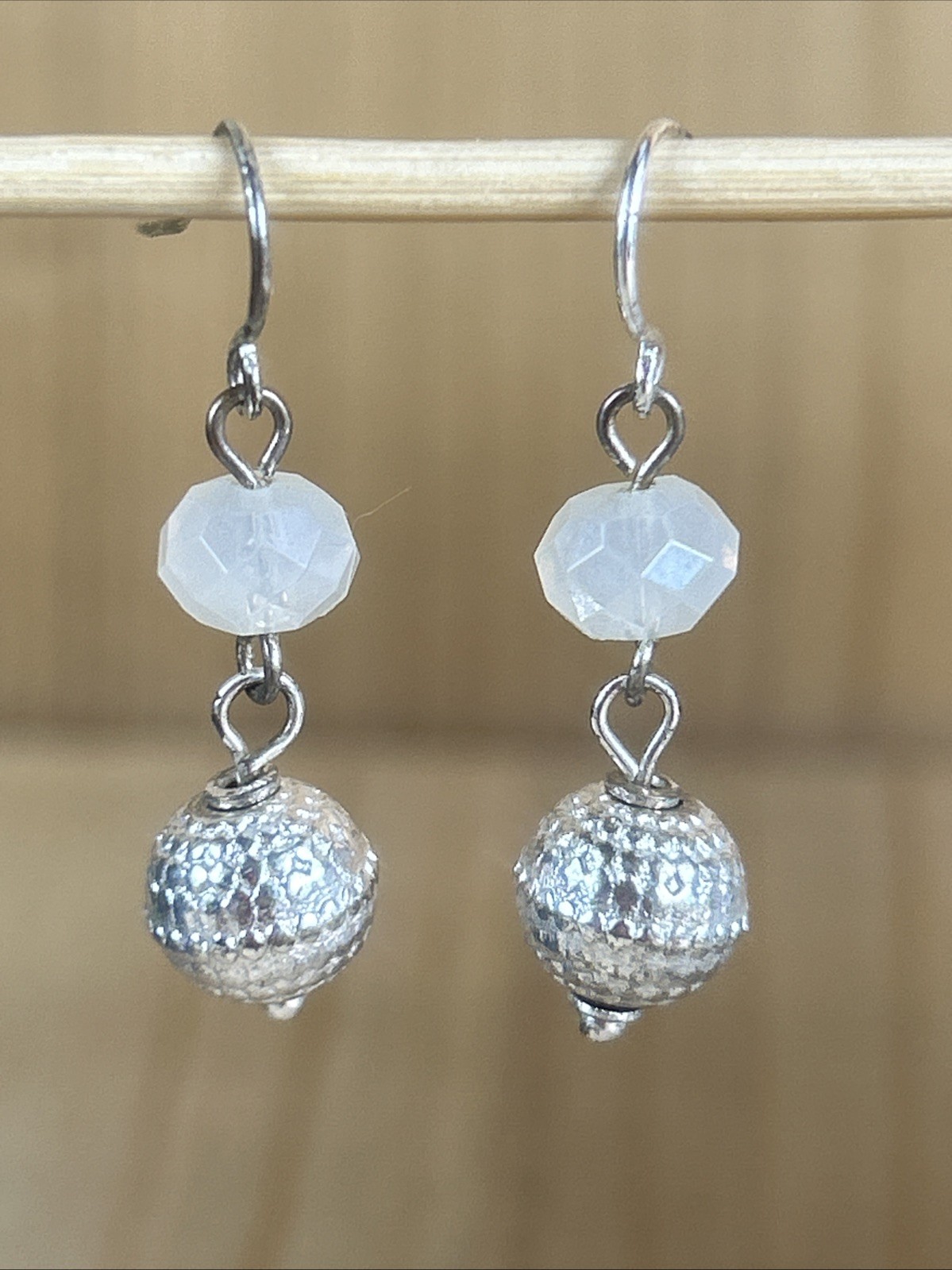 Silver And White Beaded Dangling Earrings 1.5” Drop With Hook