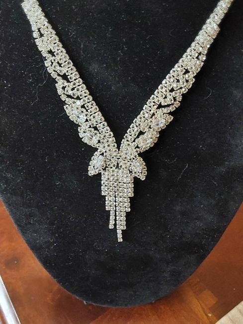 Silver Tone Fringe Rhinestone Necklace Cascading Jewelry