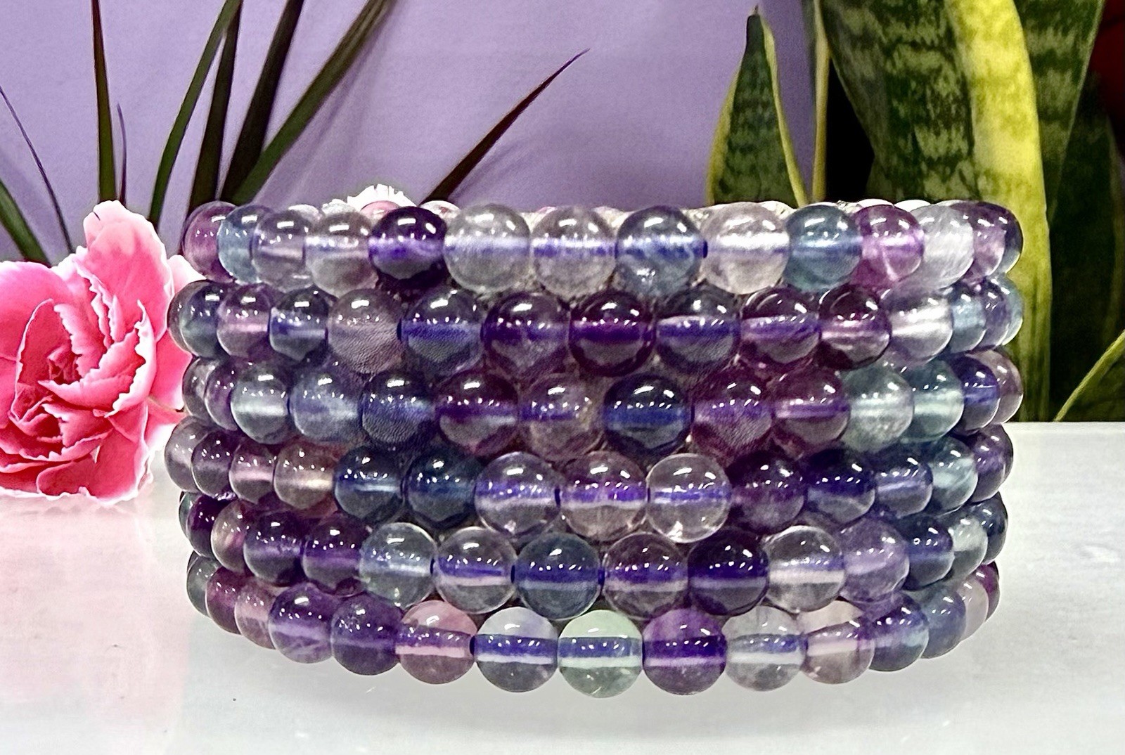 Wholesale 6 Pcs Natural Rainbow Fluorite 6mm 7.5” Crystal Stretch Bracelet
