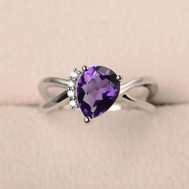 2.30Ct Pear Cut Simulated Amethyst Wedding Stunning Ring 14K White Gold Plated