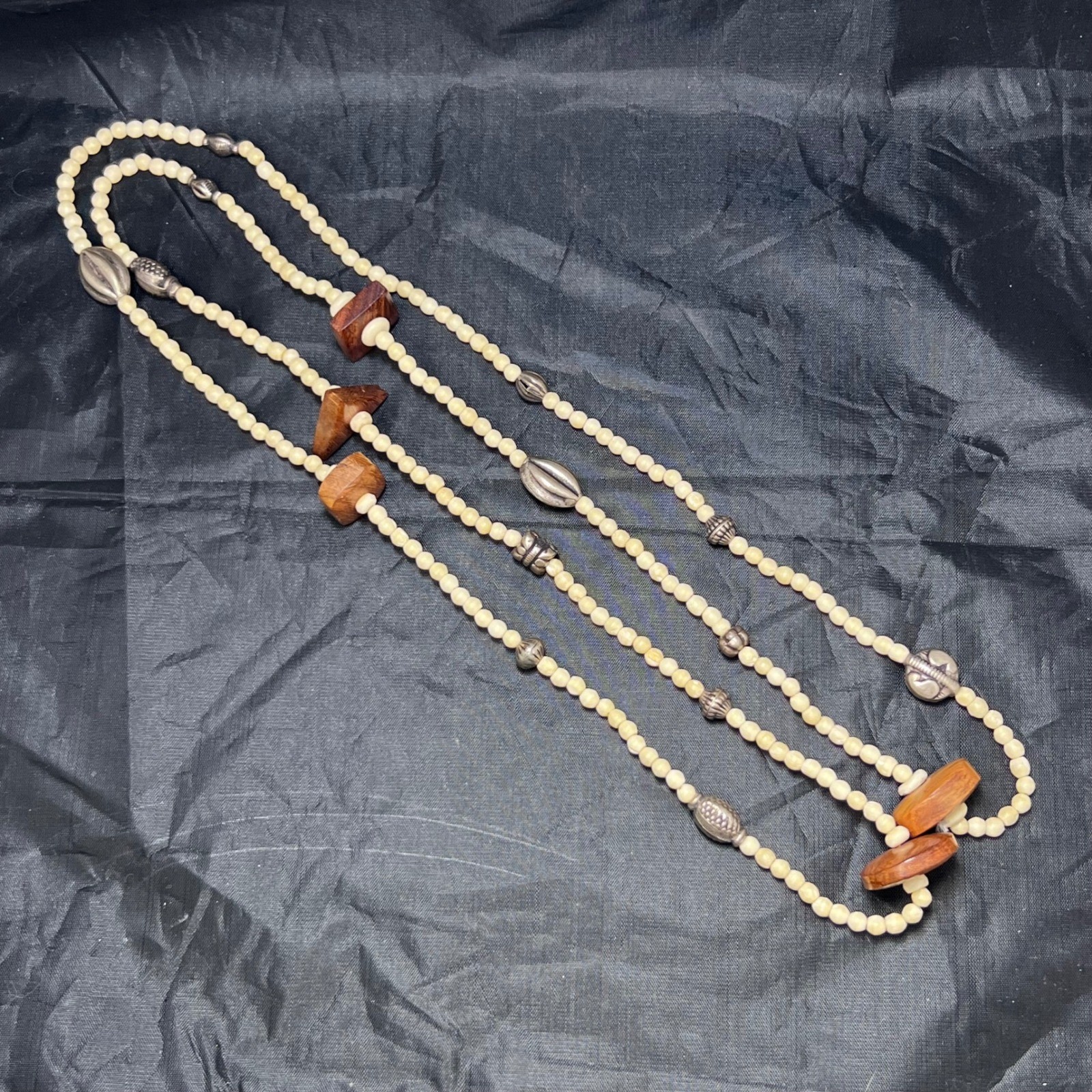 Boho Beaded Wood Silver Tone Statement Necklace 56″ Bone Bohemian Natural Ethnic