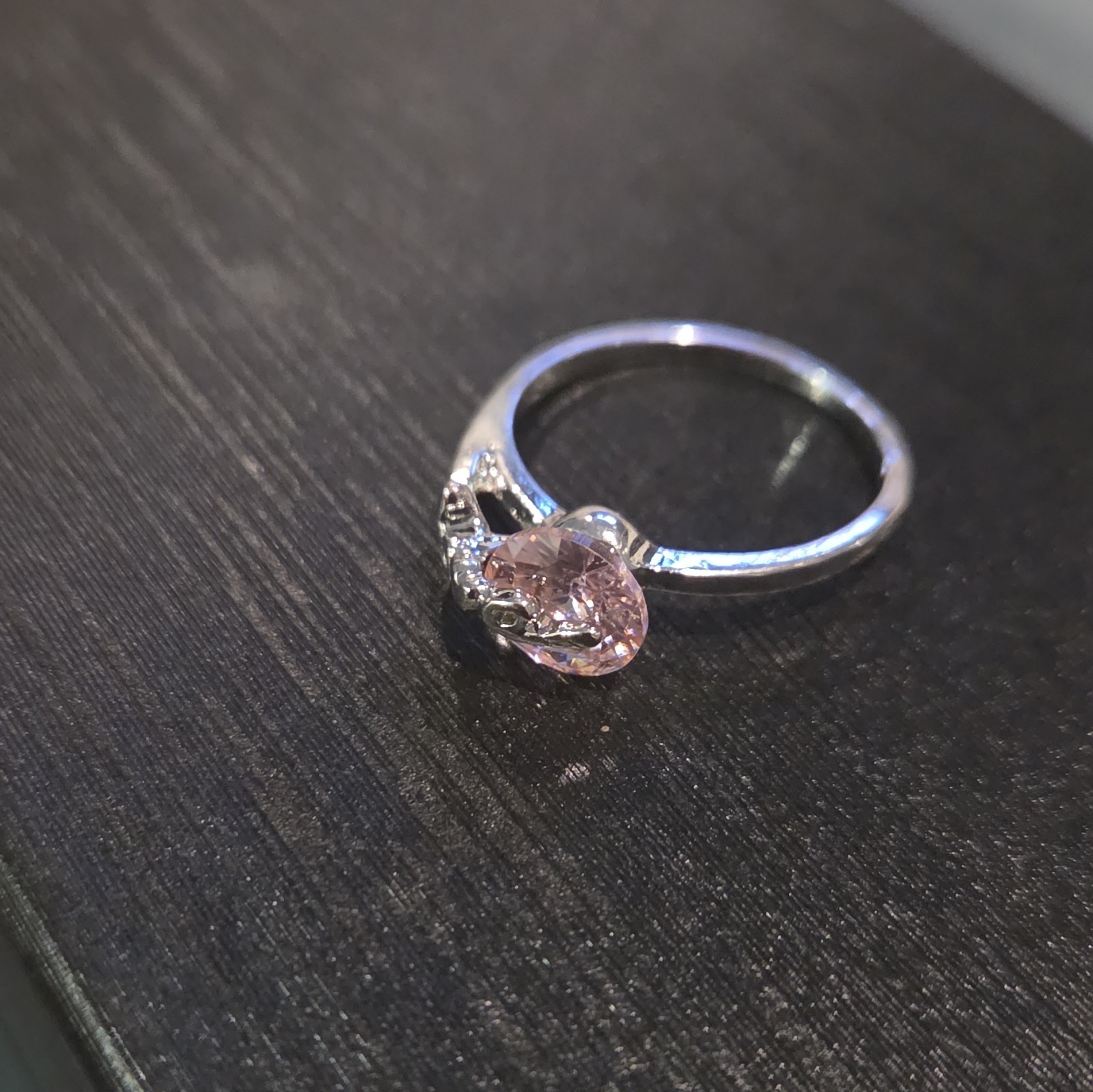 Silver 900 Heart Ring Size 8 Pink Crystal Stone w/ Clear Accent Stones