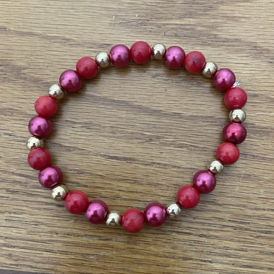 HMADE Red/Gold Tone Round Glass Beaded Stretch Bracelet, Slip-On, Sizable, Beads
