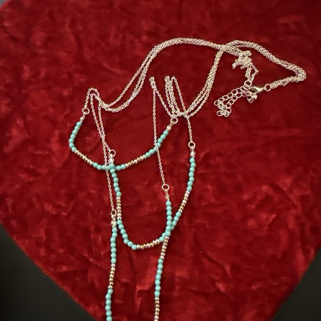 Layered Silver Tone Cable Chain Necklace w/ Blue Round Beads Lobster Clasp