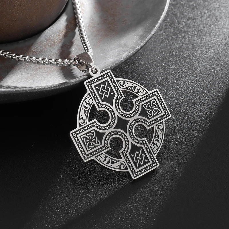 Silver Black Iron Cross Stainless Steel Necklace Spiritual Pendant 23.5in Chain