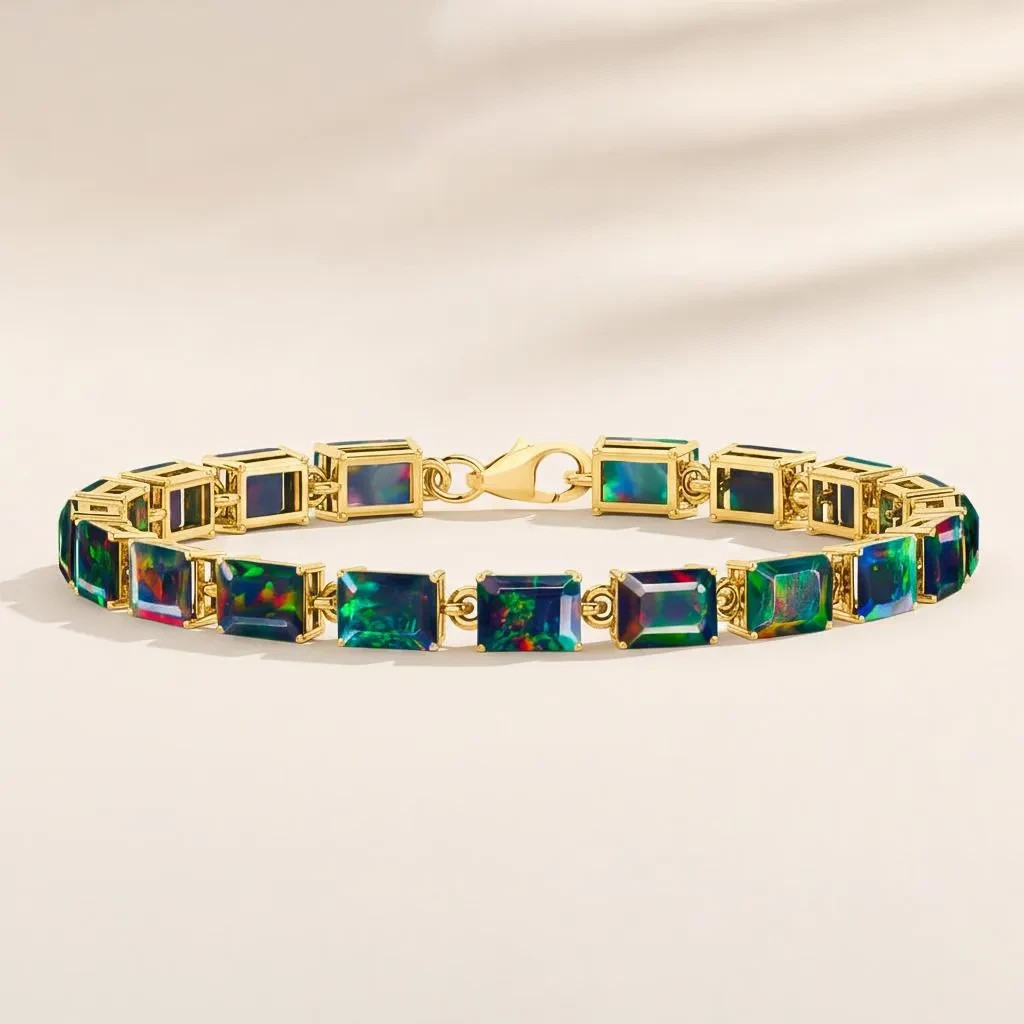 Fire White Opal Gemstone Silver Tennis Bracelet, AAA Ethiopian Opal Gemstone 925