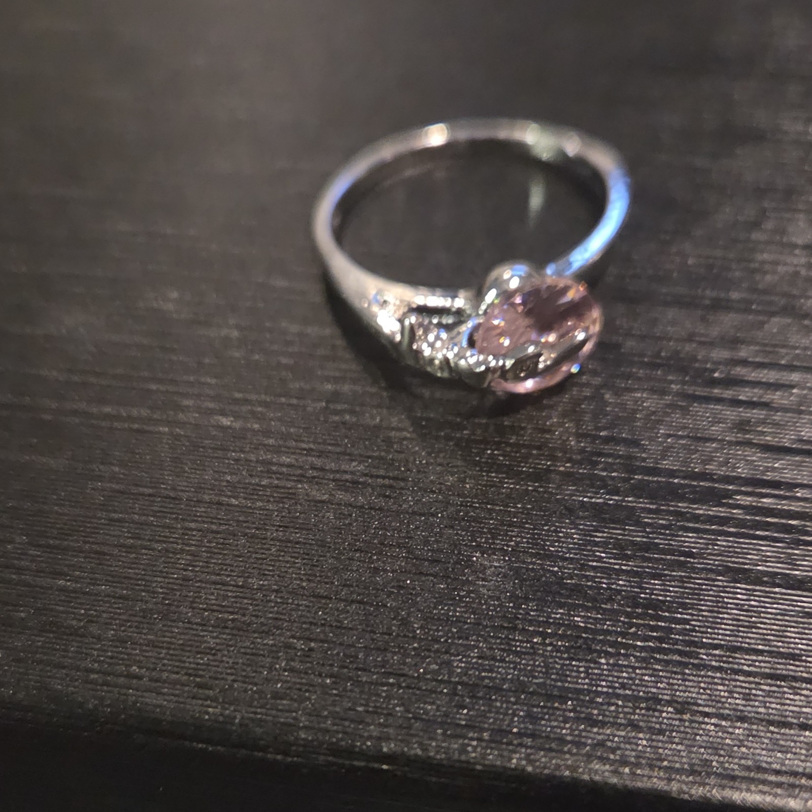 Silver 900 Heart Ring Size 8 Pink Crystal Stone w/ Clear Accent Stones