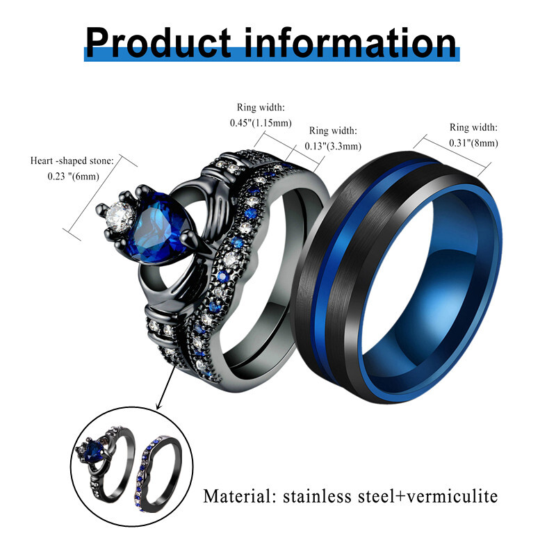Couple Ring Bridal Set Men Blue Groove & Women Heart CZ Wedding Engagement Band
