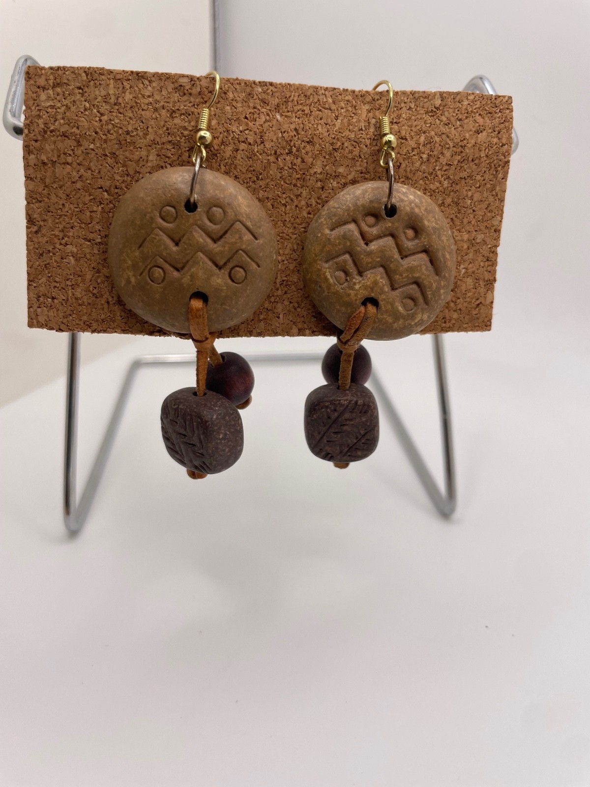 Handcrafted Tribal Style Wooden Clay and Leather Earrings