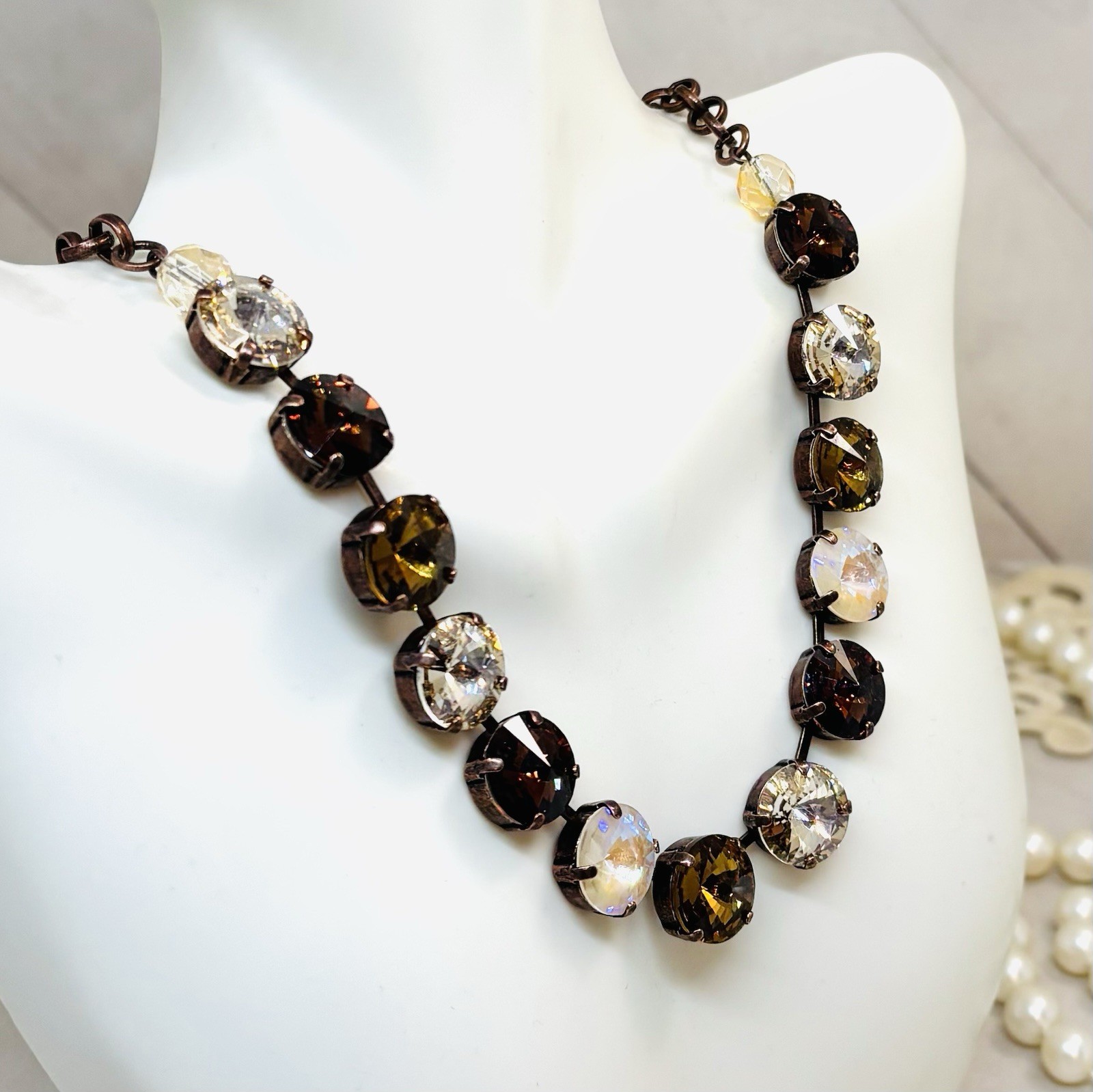 Antique Copper Plated Chocolate Brown and Cream Cup Chain Statement Necklace