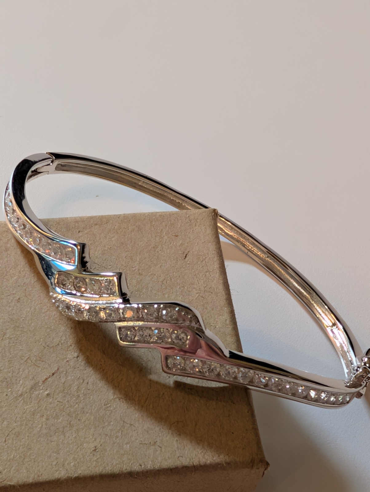 Sterling Silver CZ Wave Design Bangle Bracelet Hook Closure