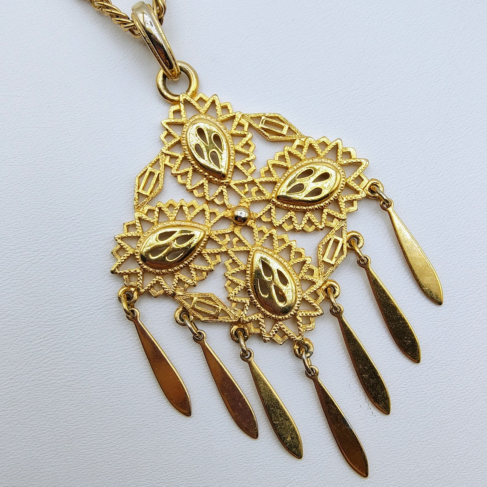 Vintage Filigree Pendant Necklace Gold Tone Victorian Revival Maximalist 70s