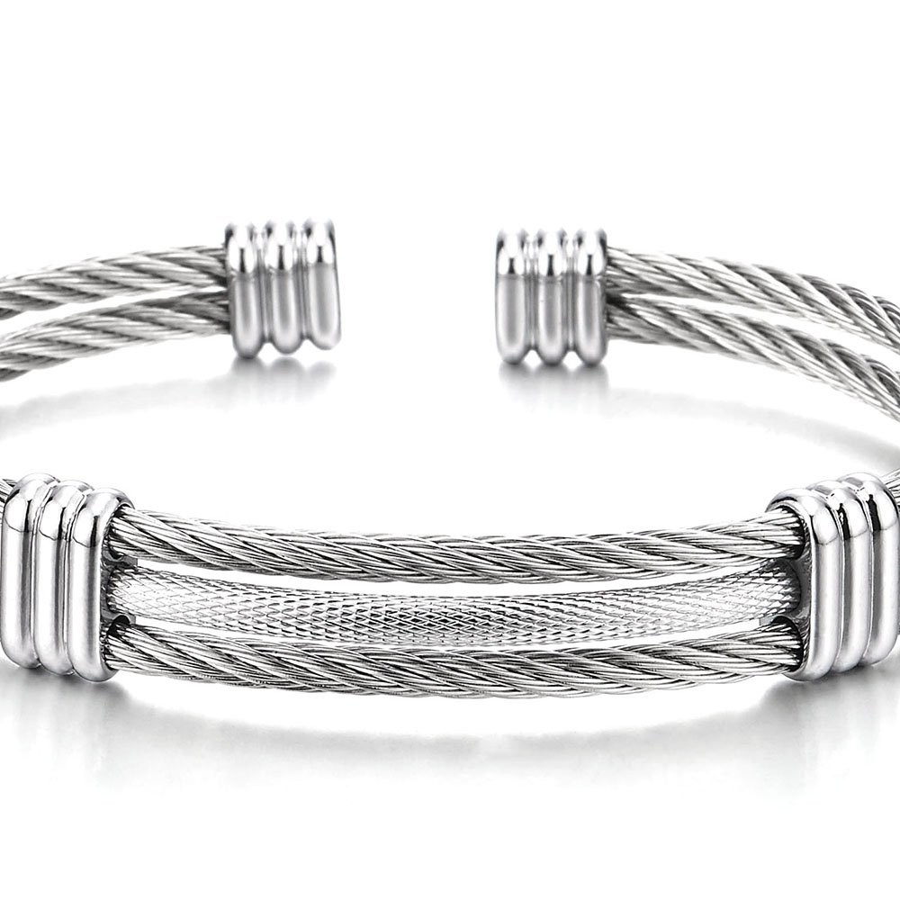 Men’s Stainless Steel Cable Wire Cuff Bracelet With Twisted Rope Design, Mini…