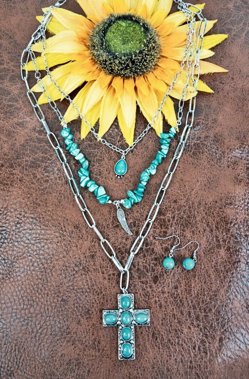 Turquoise Bismark Cross Layered Necklace Set