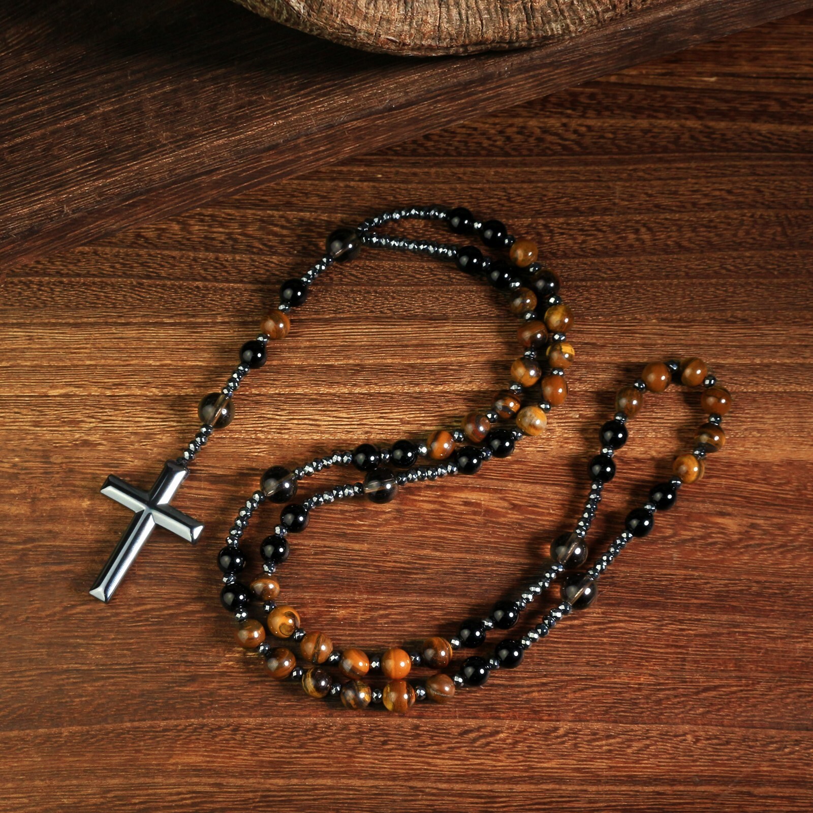 Tiger’s Eye Onyx Beaded Catholic Christ Hematite Cross Pendant Necklace for Men#