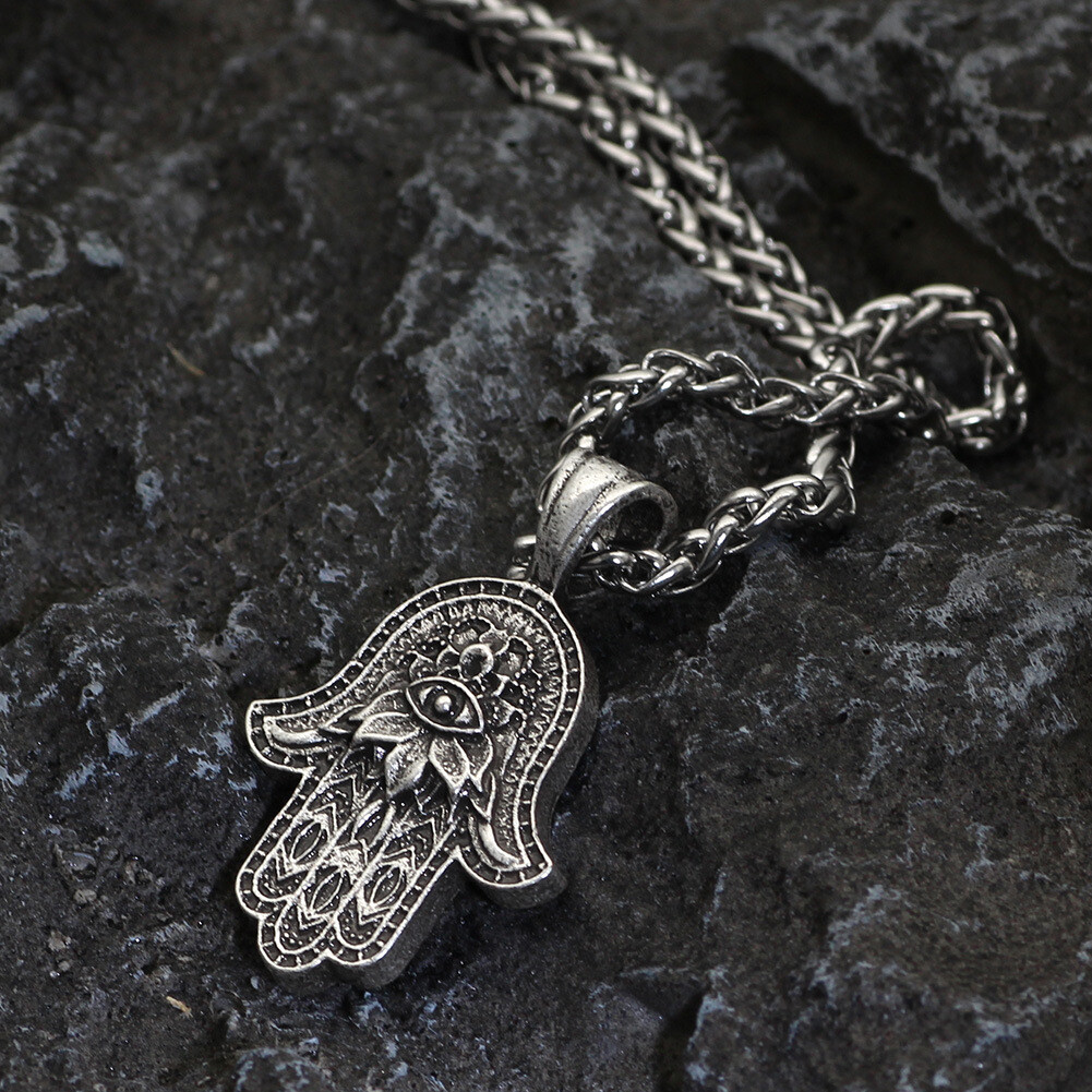 Men Hamsa Hand of Fatima Pendant Necklace Punk Hip Hop Jewelry Braided Chain 24″