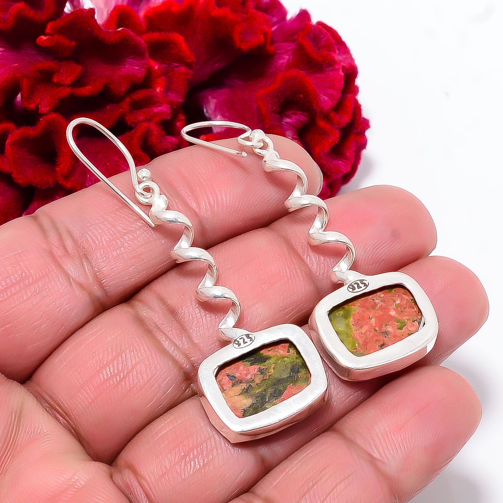 Natural Unakite Designer Handmade 925 Sterling Silver Earring 2.26″ E98510