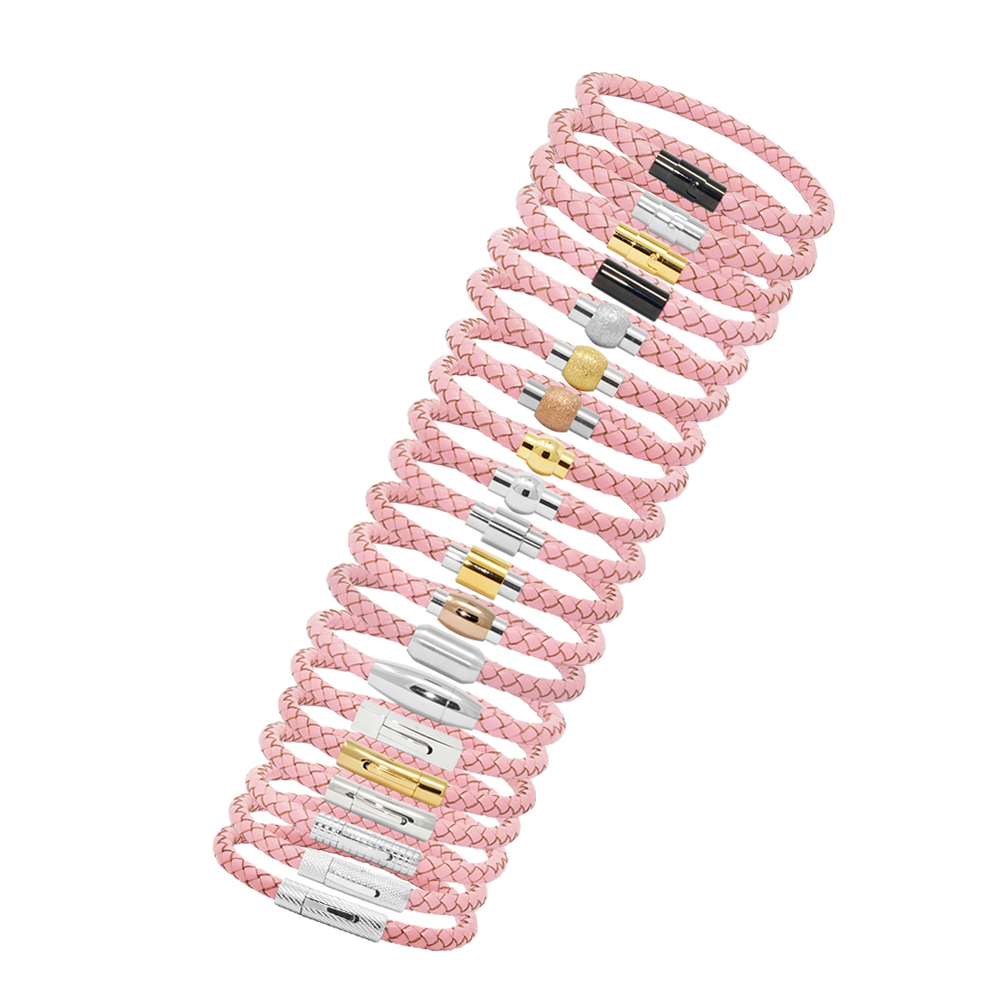 Unisex Men’s Genuine Leather Stainless Steel Magnetic Clasp Bracelet Pink