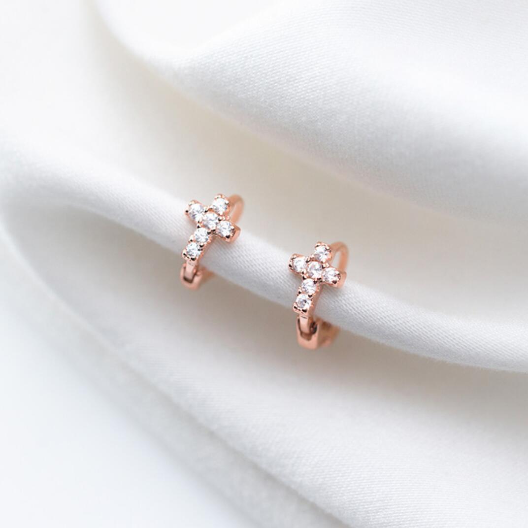 Mini Tiny Cross Sterling Silver CZ 5.8mm Small Helix Huggie Hoop Earrings A1513
