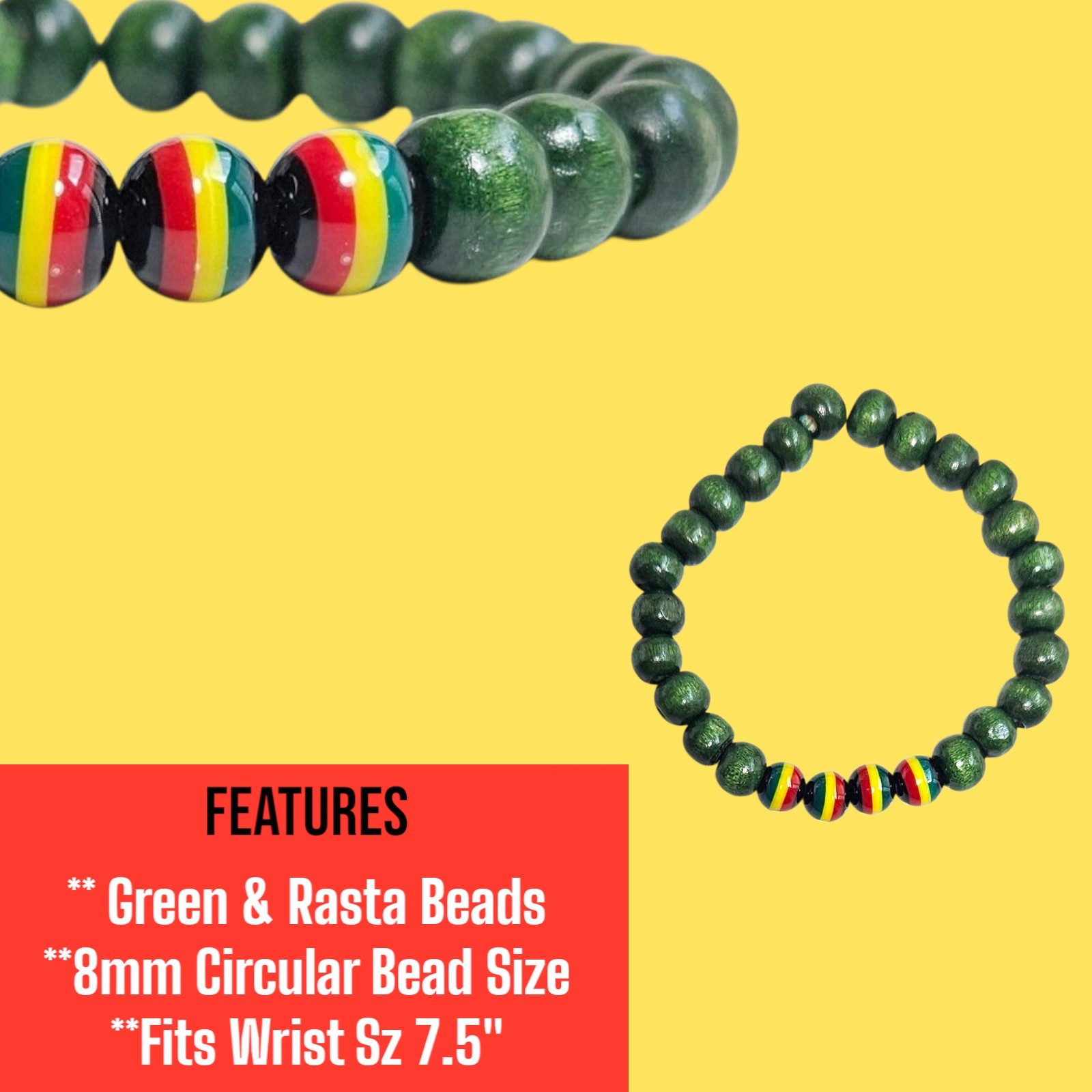 Green Wood & Rasta Beads Design 8mm Beaded Bracelet Wrist Sz 7.5