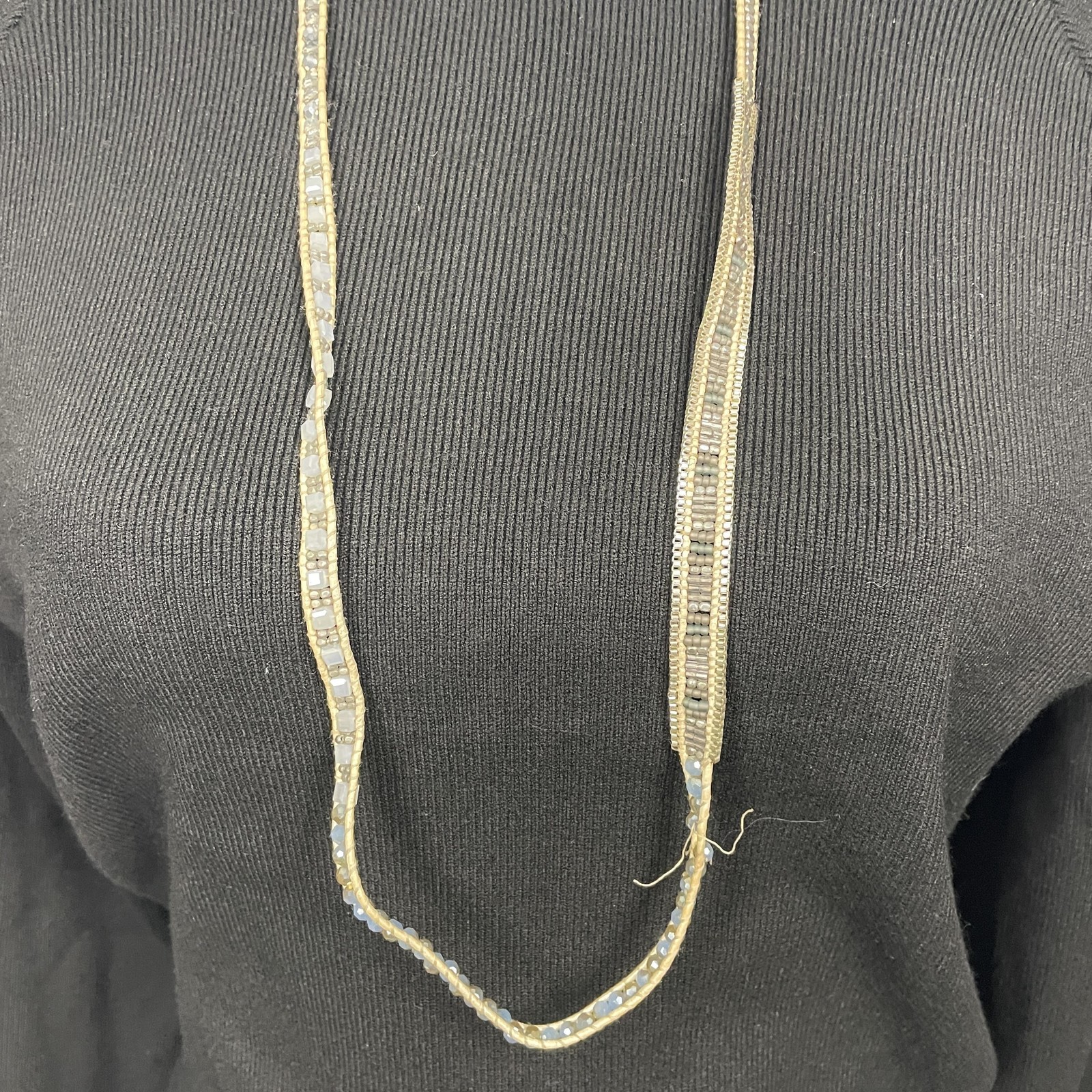 Necklace Beige Leather Gray Crystal Beaded Wrap Slide Long 35 In Womens Jewelry
