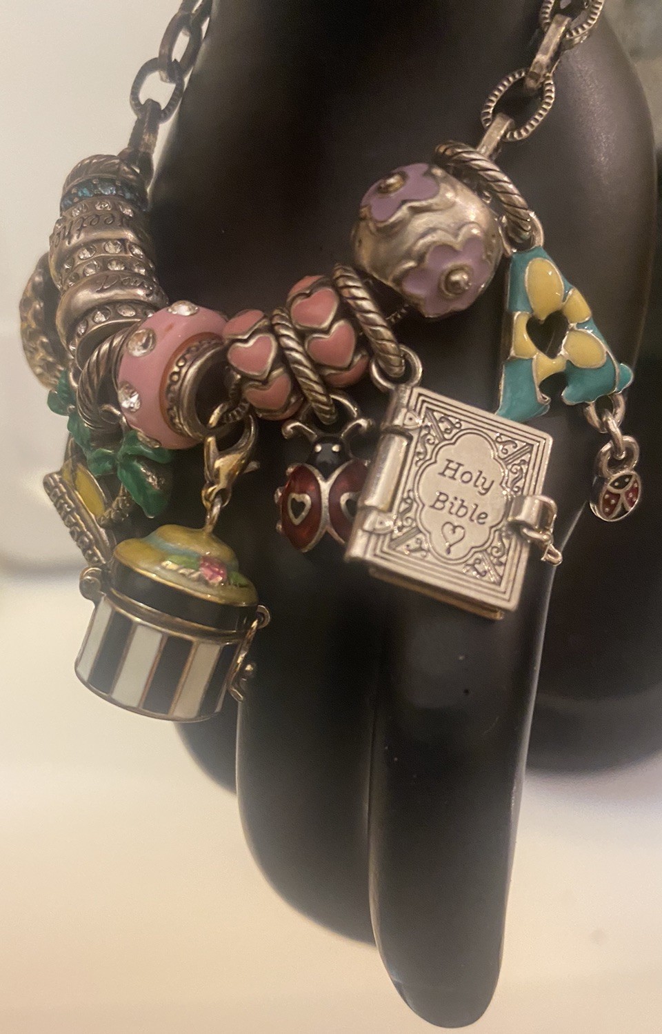 Brighton Signed Logo Enamel Rhinestone Bible Daughter Sweetheart Charm Bracelet