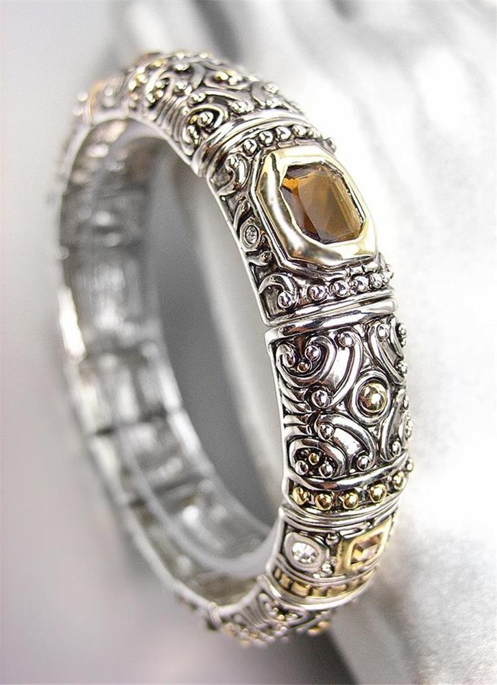 NEW Designer BALINESE Silver Gold Filigree Smoky Brown Crystals Stretch Bracelet