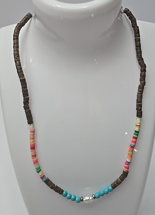 Colorful Small Beaded Necklace Brown Blue Pink Orange