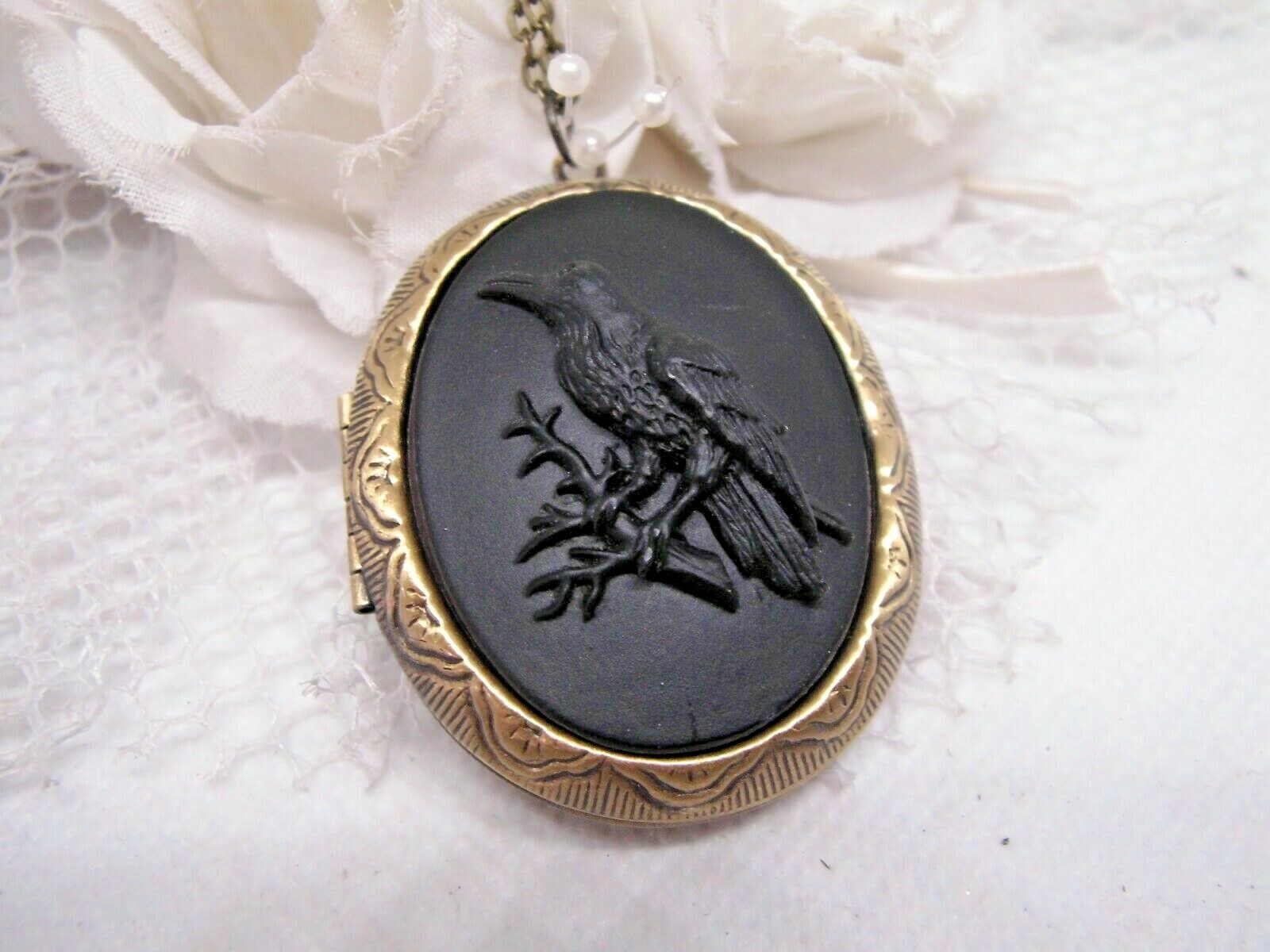 BLACK raven CROW pill box Cameo Steampunk Goth Necklace Locket MEDIEVAL stash
